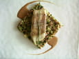 Lieu noir aux courgettes et jabugo saut�s, jus d une bisque