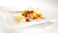 Plancha de St Jacques,  r�duction d oranges au romarin et spaghettis verts