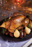 Pintade fermi�re farcie au pain d �pices et garnie de fruits d hiver