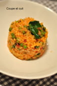 Risotto au coulis de tomate, chorizo, petits pois