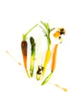 Oeufs poch�s au th� fum�, petits l�gumes r�tis