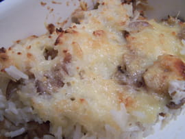 Gratin de riz au poulet et champignons