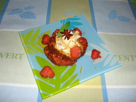 Pain perdu de cake au th� vert, po�l�e de fraises � la vanille et badiane