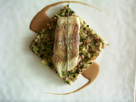 Lieu noir aux courgettes et jabugo saut�s, jus d une bisque