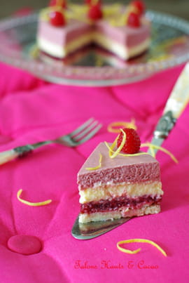 Entremets girly framboise, citron et croquant coco
