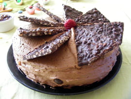 G�teau chocolat, framboises, m�res et riz souffl�