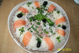 Couronne de riz au thon, saumon et fromage