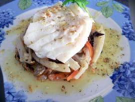 Dos de cabillaud sur paillasson de petits l�gumes