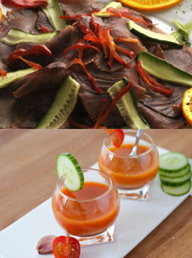 Gaspacho accompagn� de son carpaccio de thon et de poivron doux 