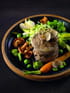 M�daillon de veau cuit dans un bouillon comme un pot-au-feu, m�lange de jeunes l�gumes et jus de cuisson � la truffe d��t�