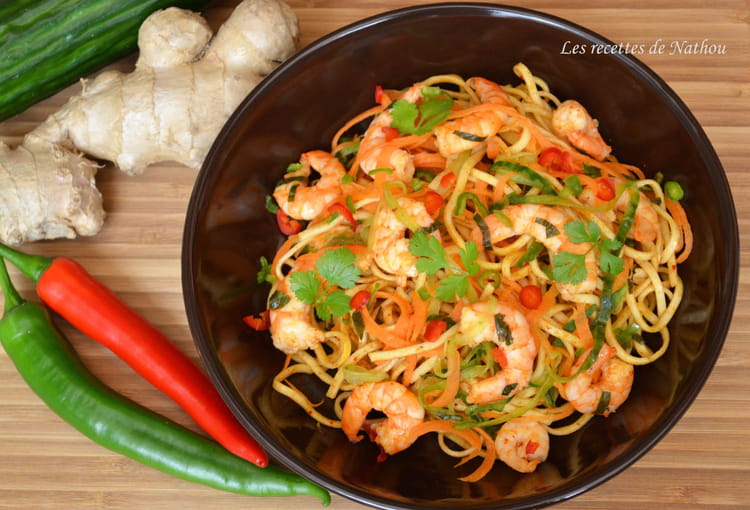 Recette de Nouilles chinoises au paprika fumé, crevettes marinées au